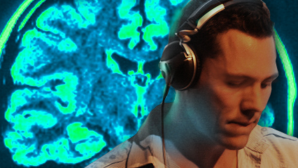 Headphones guy on with image of brain behind them